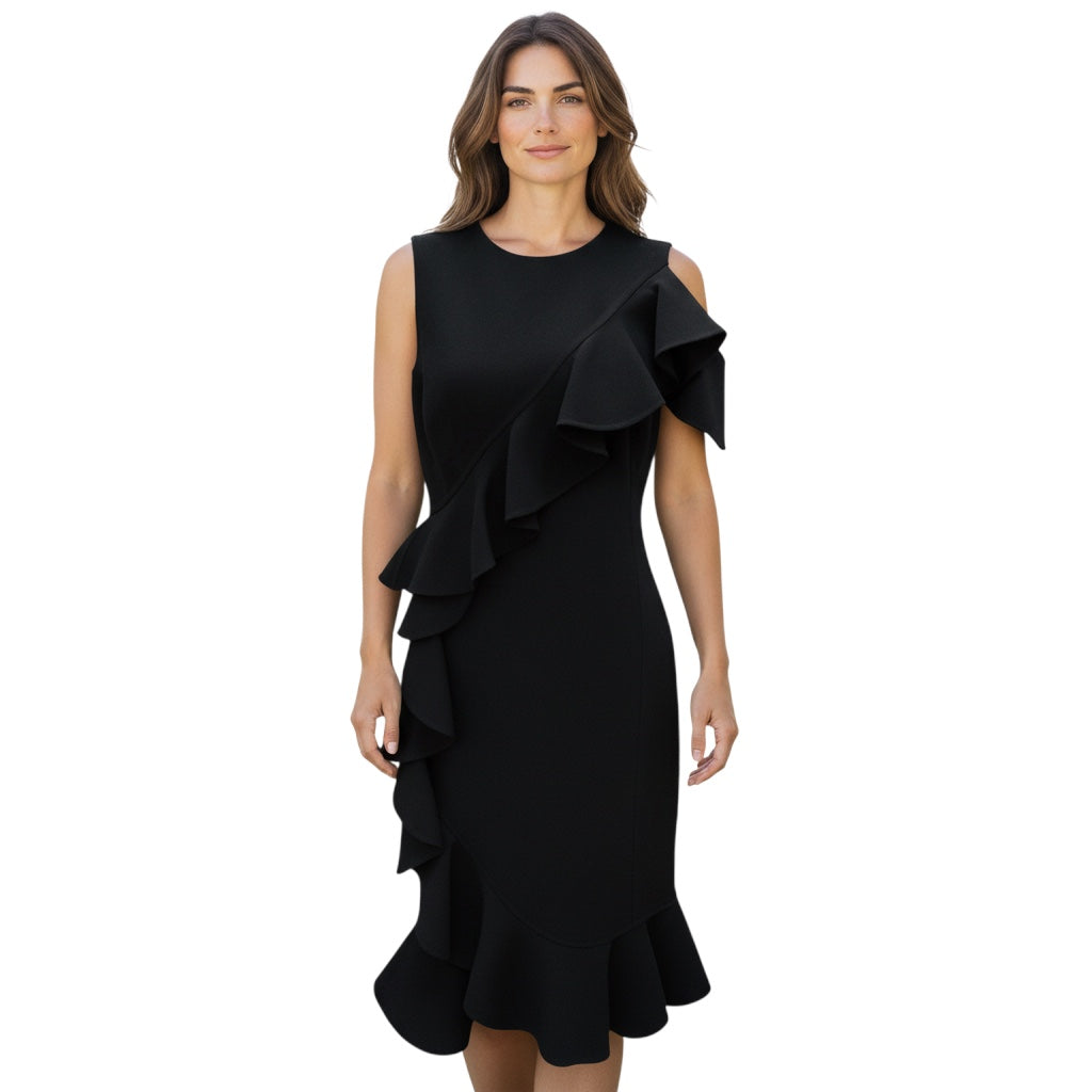 Michael Kors Collection Black Ruffled Wool Cocktail Dress