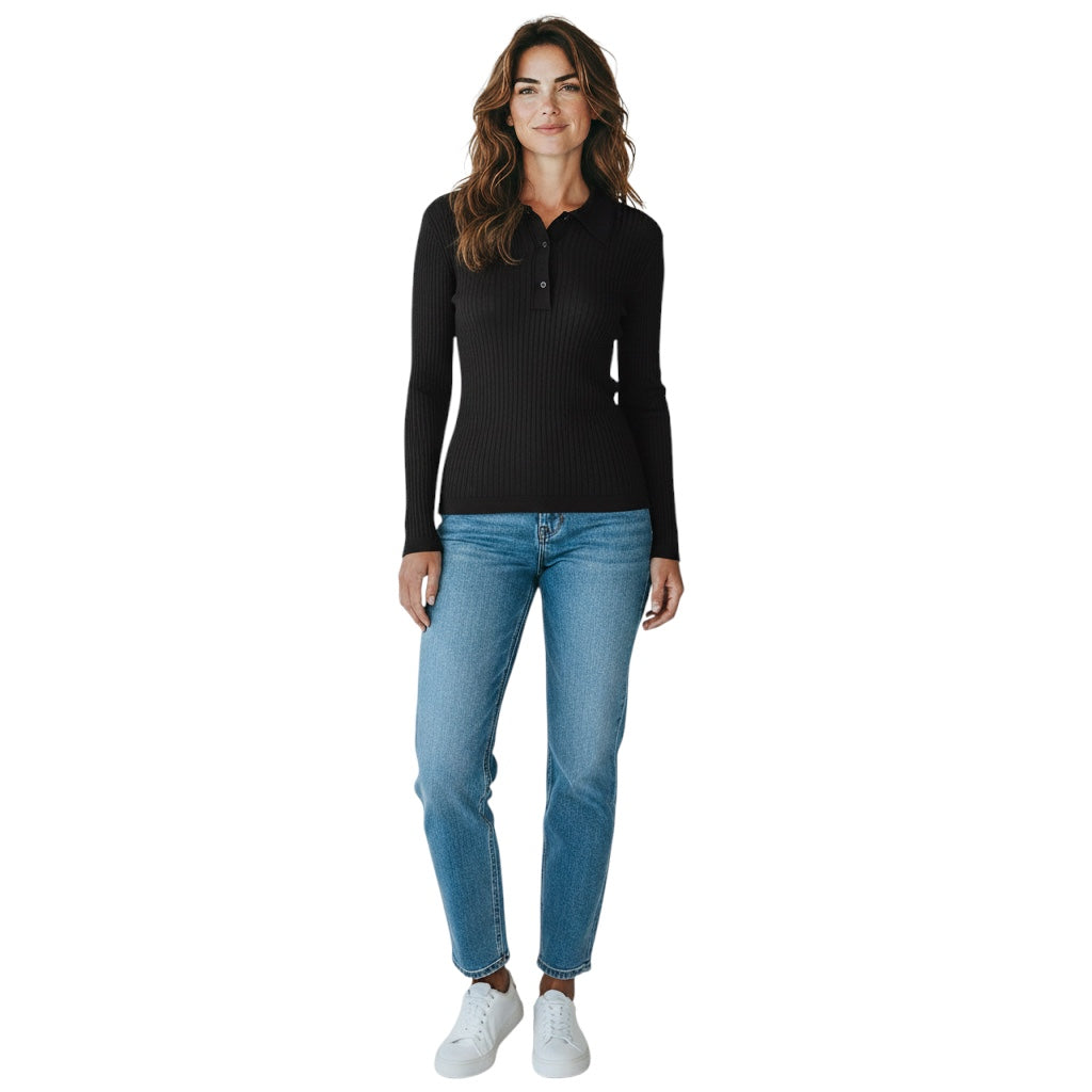 Officine Generale Dark Coffee Jana Ribbed Shiny Viscose Polo Top