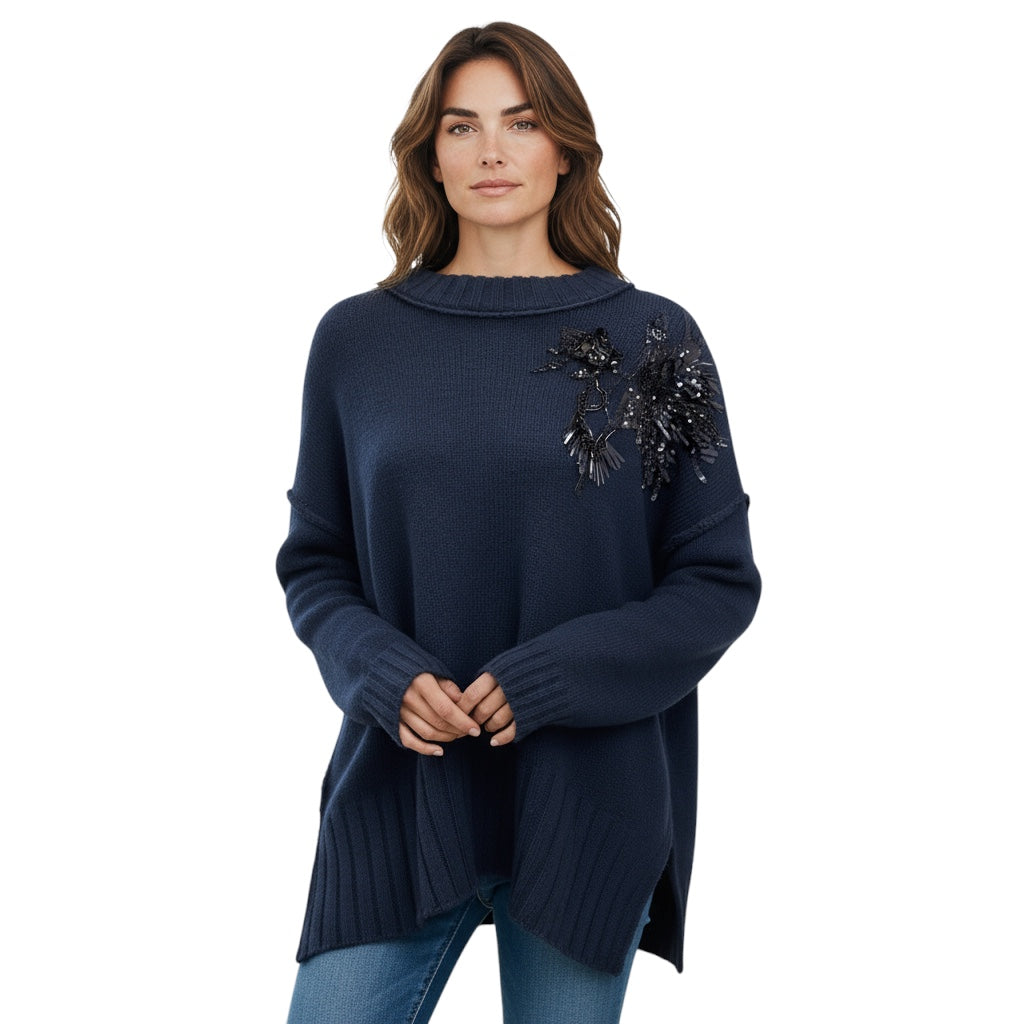 Jason Wu Collection Navy Embellished Merino Wool Knit Sweater