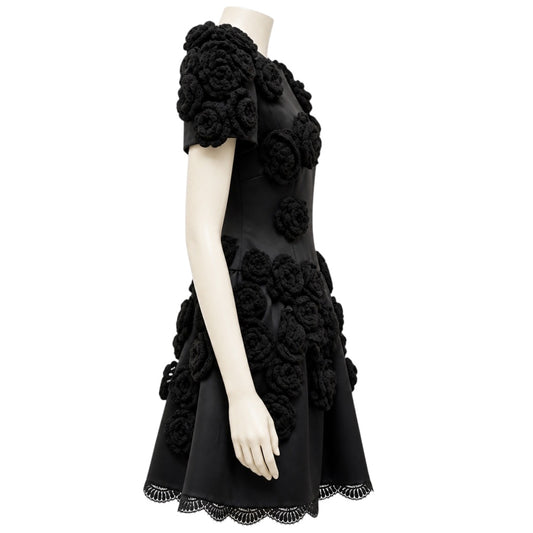 Dolce & Gabbana Black Floral Knit Applique Satin Mini Dress