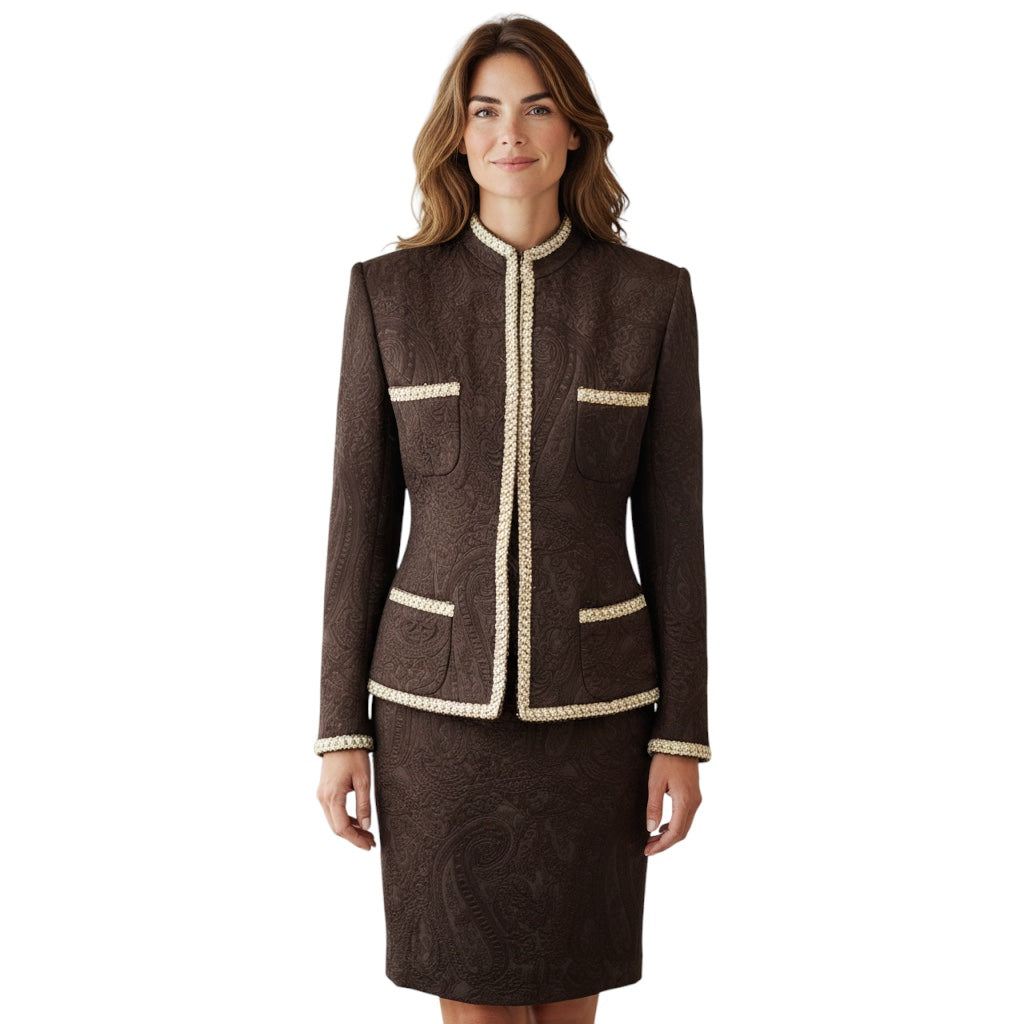 Tissus Ungaro Premiere Paris Vintage Brown Damask Jacquard Brocade Jacket and Skirt Suit Set