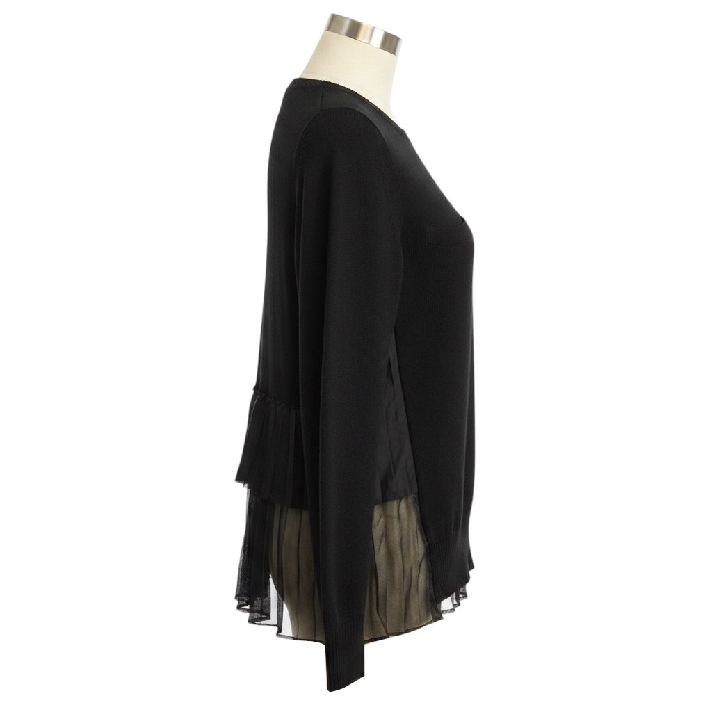Sacai Black Wool Knit Pullover Sweater with Pleated Sheer Back