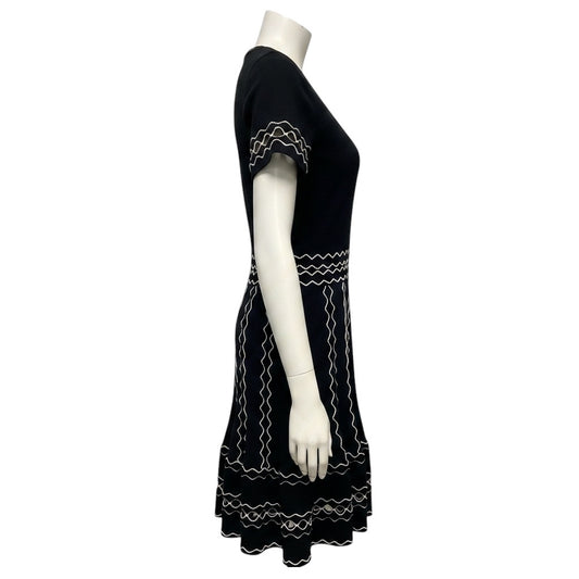 Alexander McQueen Black / White Stitched Short Sleeved Flared Knit Dress with Cut Out Detail