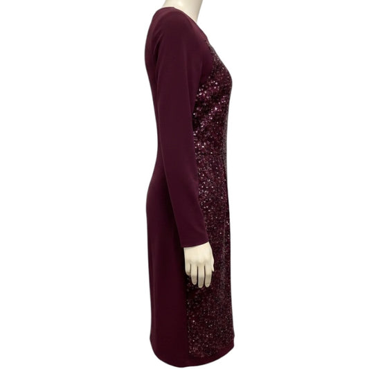 Elie Saab Burgundy Sequined Long Sleeved Crepe Midi Cocktail Dress