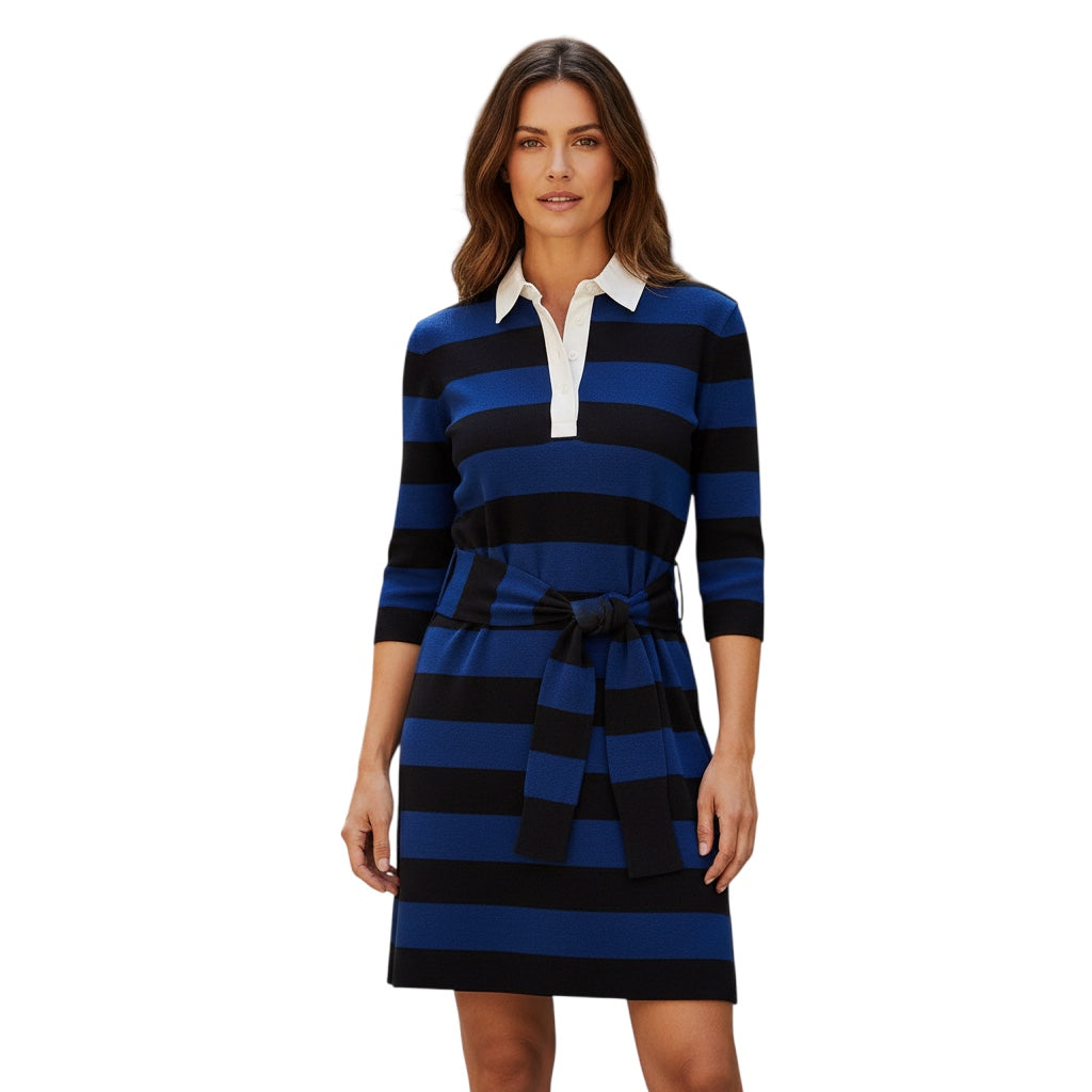 Michael Kors Collection Navy Multi Rugby Stripe Cotton Tie-Waist Polo Dress