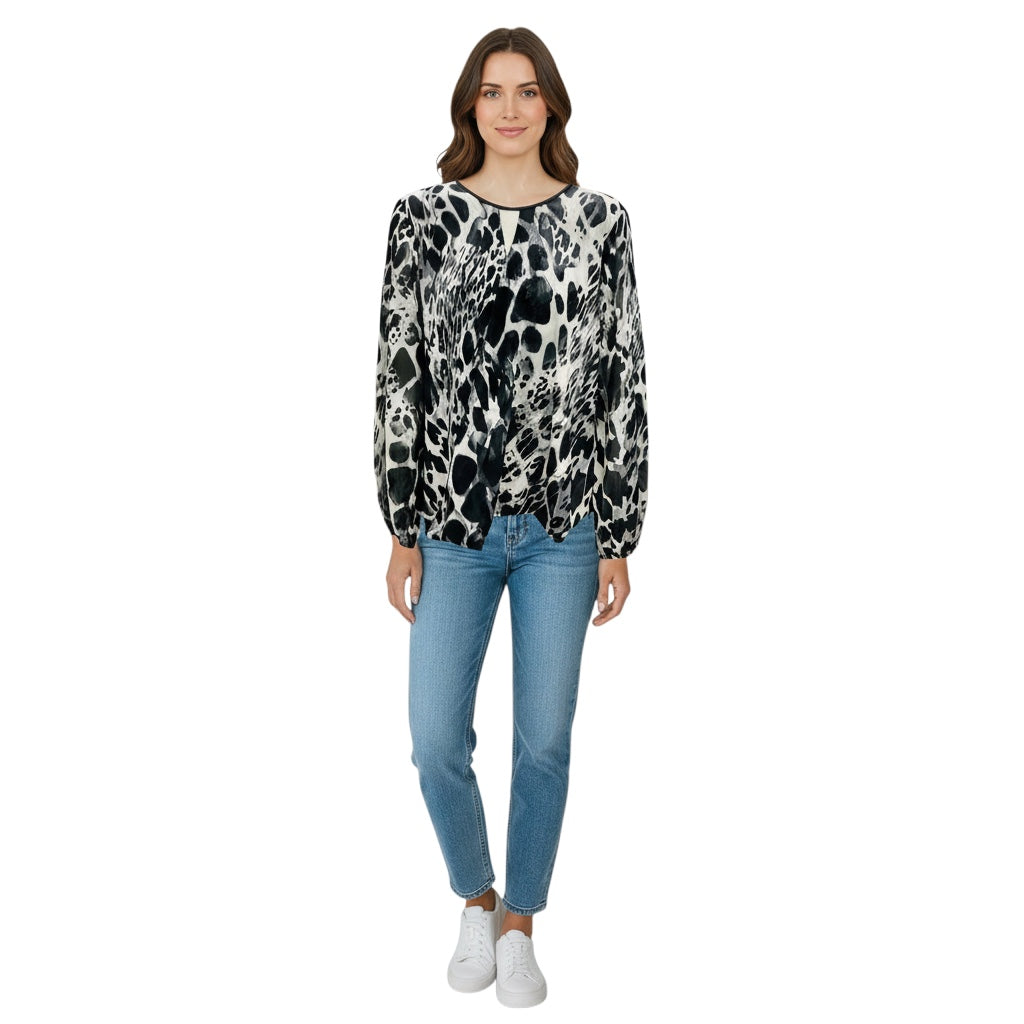 St. John Black / Cream Multi Printed Keyhole Faux Wrap Top