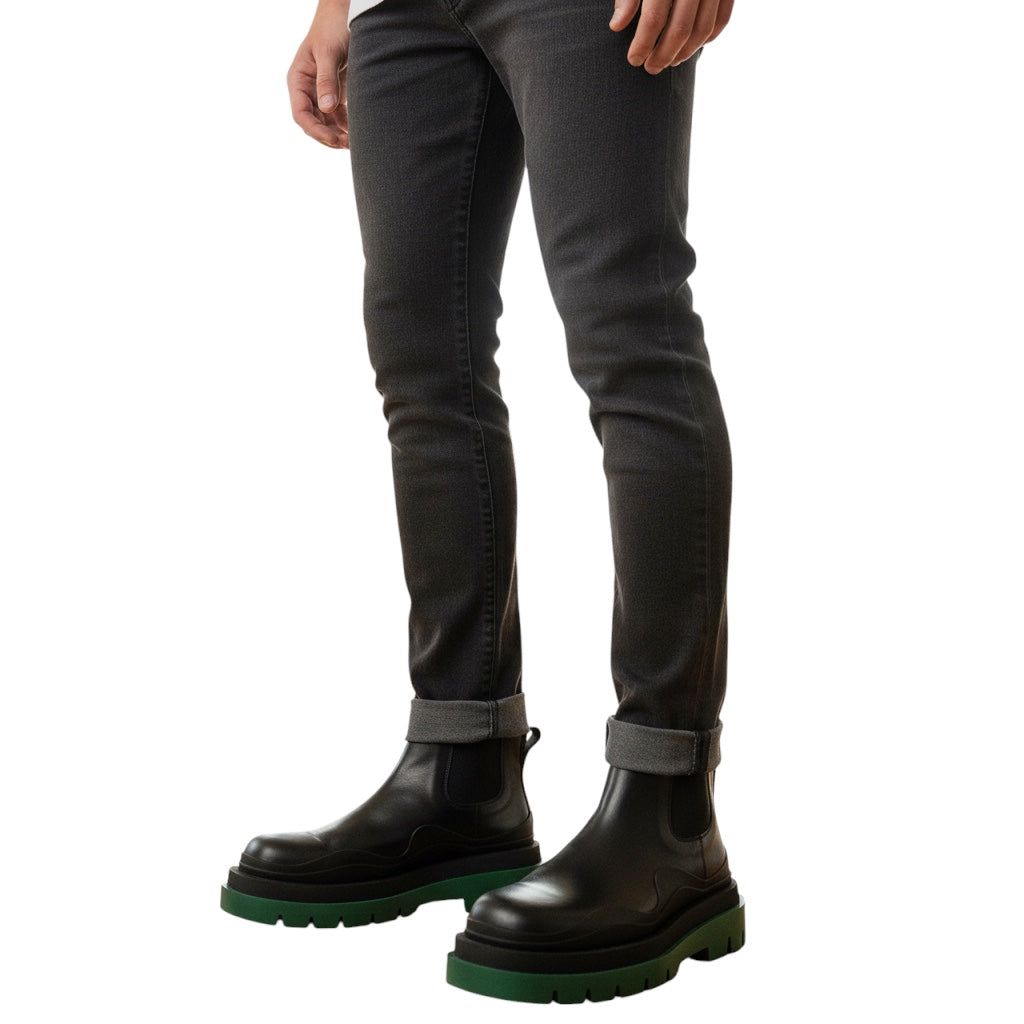 Bottega Veneta Men's Black / Green Leather Tire Chunky Sole Ankle Chelsea Boot