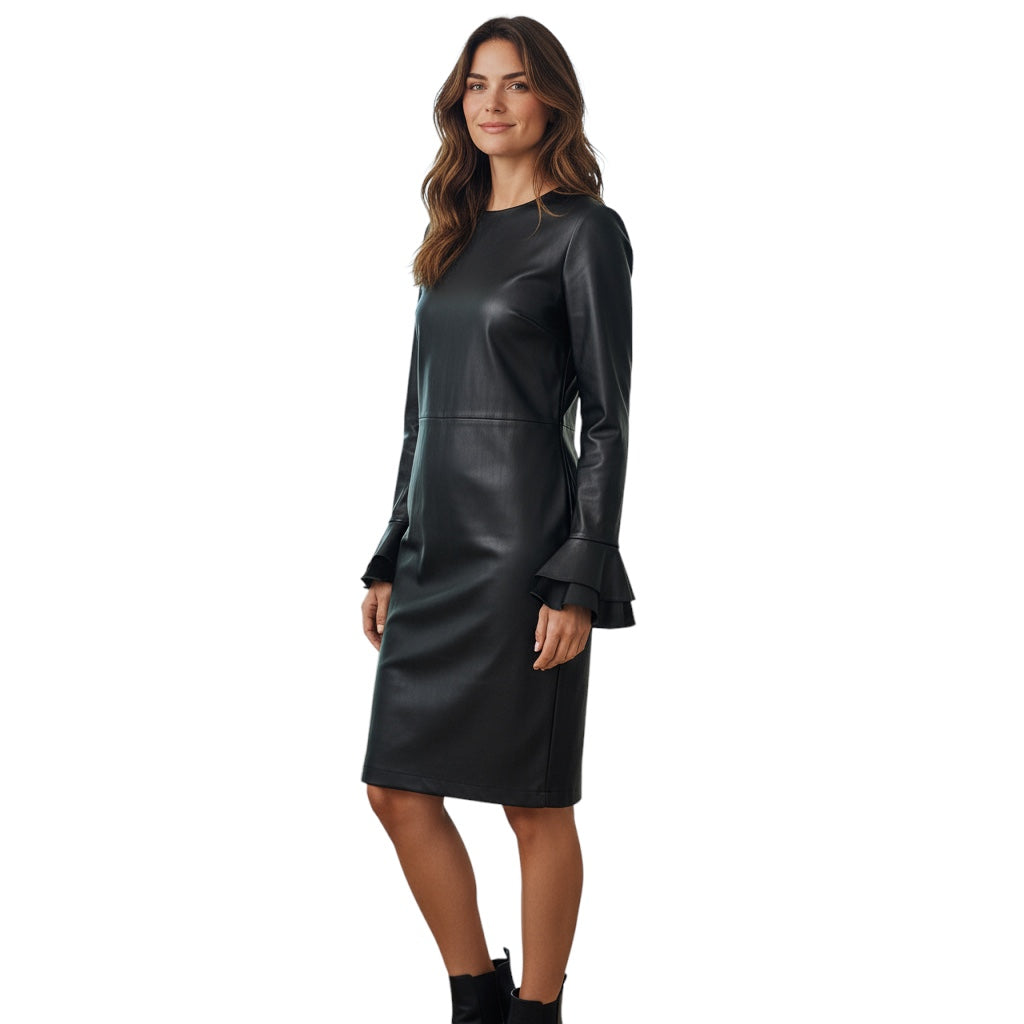 Ralph Lauren Collection Black Ruffled Detail Lambskin Leather Dress with Velvet Trim