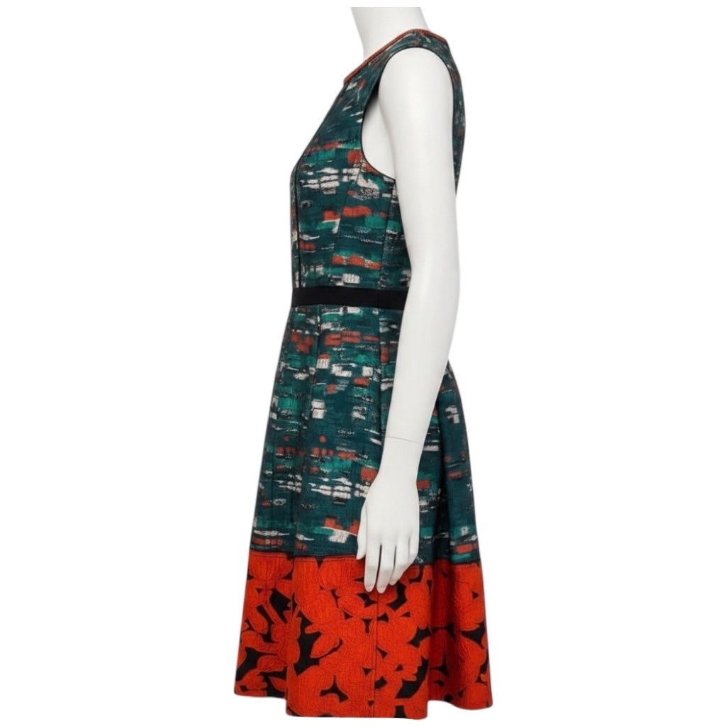 Oscar de la Renta Green / Poppy Red Metallic Jacquard Sleeveless Dress