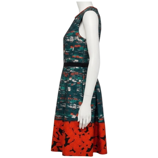 Oscar de la Renta Green / Poppy Red Metallic Jacquard Sleeveless Dress
