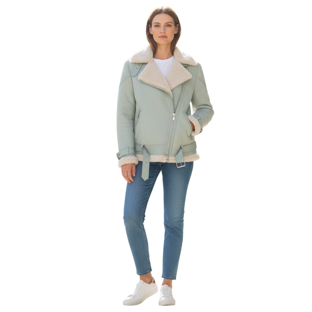 All Saints Powder Blue Hawley Oversized Shearling Biker Jacket