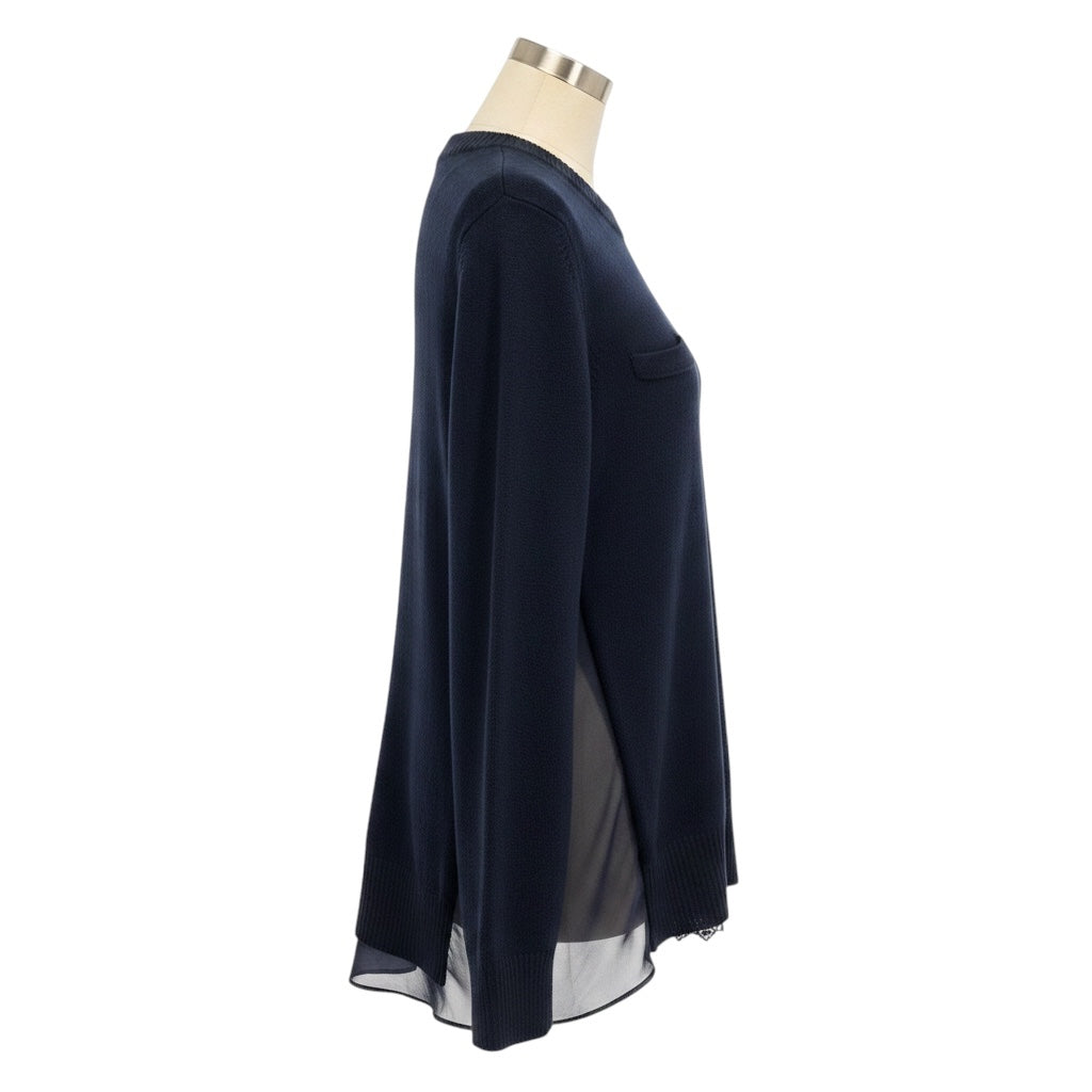Sacai Navy Blue Wool Knit Pullover Sweater with Sheer Chiffon Back