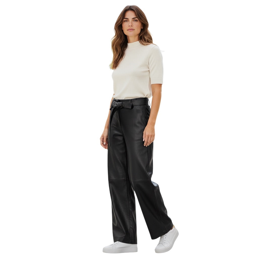 Nanushka Black Regenerated Leather Barrel Leg Pants with D-Ring Belt and Horizonal Seam