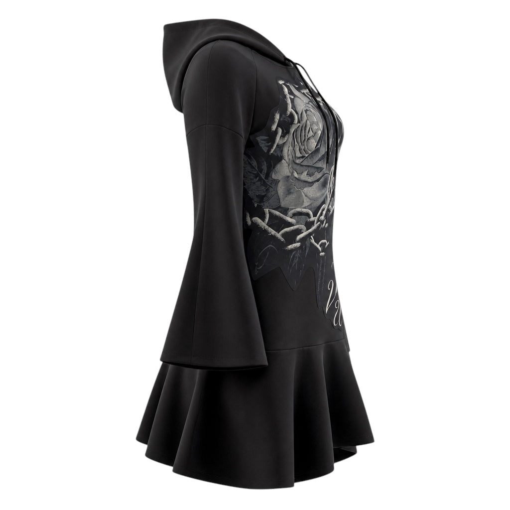 Valentino Black Rose Printed Peplum Hoodie / Mini Dress