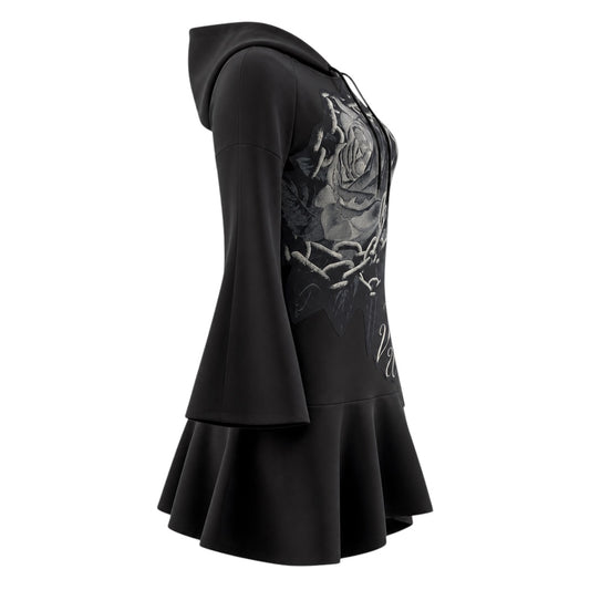 Valentino Black Rose Printed Peplum Hoodie / Mini Dress