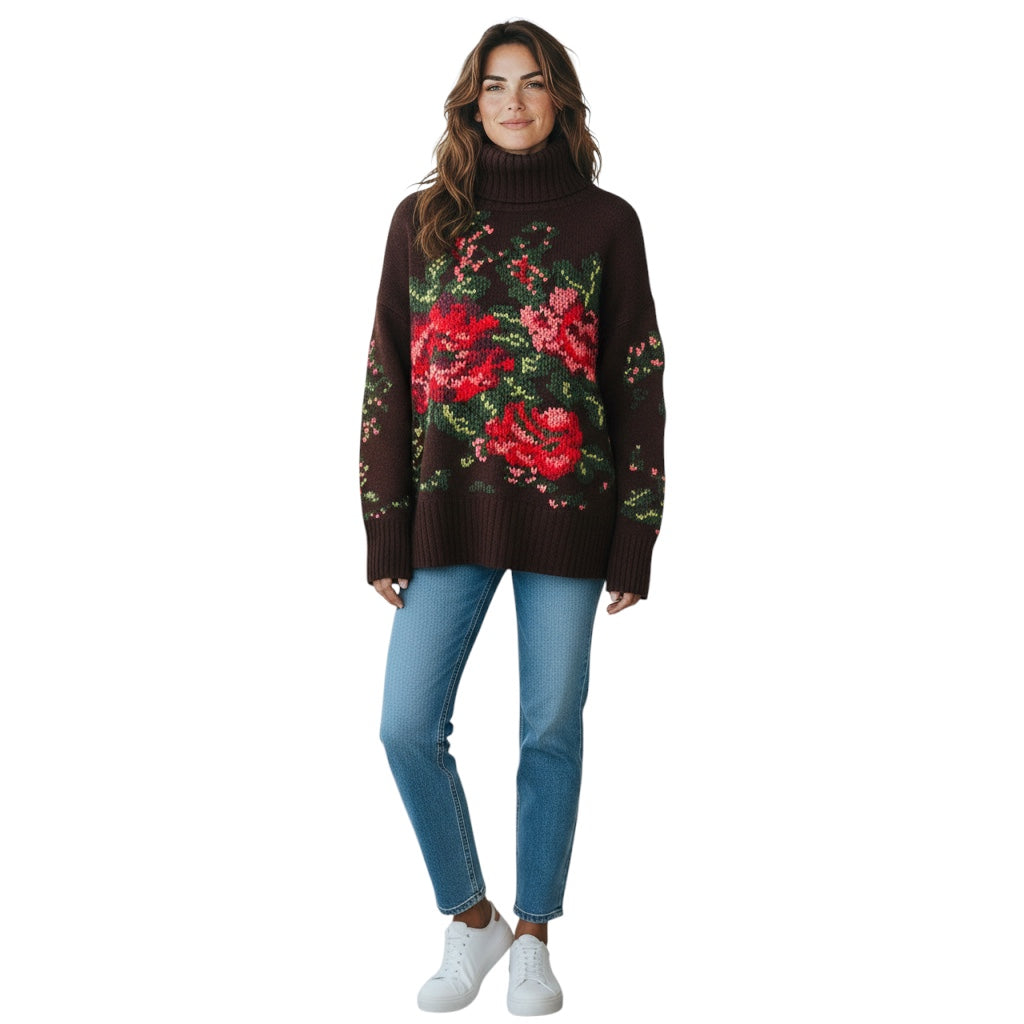 Lamberto Losani Brown Multi Floral Cashmere Knit Turtleneck Sweater