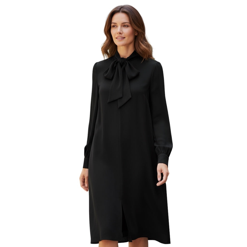 Ralph Lauren Collection Black Tie Neck Long Sleeved Silk Midi Dress