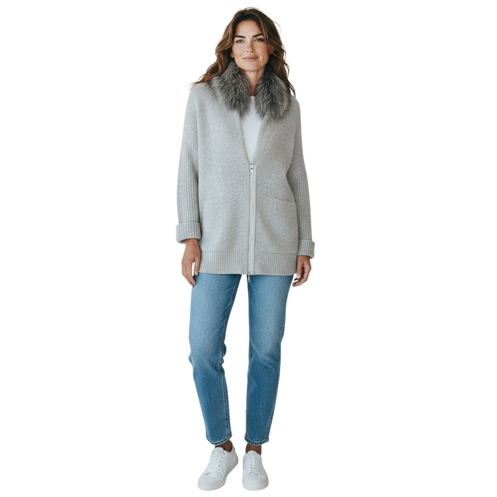 Peserico Grey Fur Trimmed Knit Cardigan Sweater