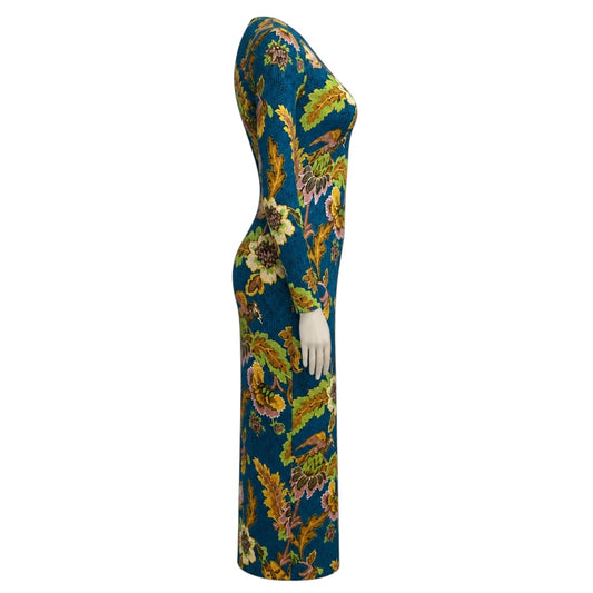 La DoubleJ Blue Petrol Devore Velvet Lark Long Sleeve Swing Dress