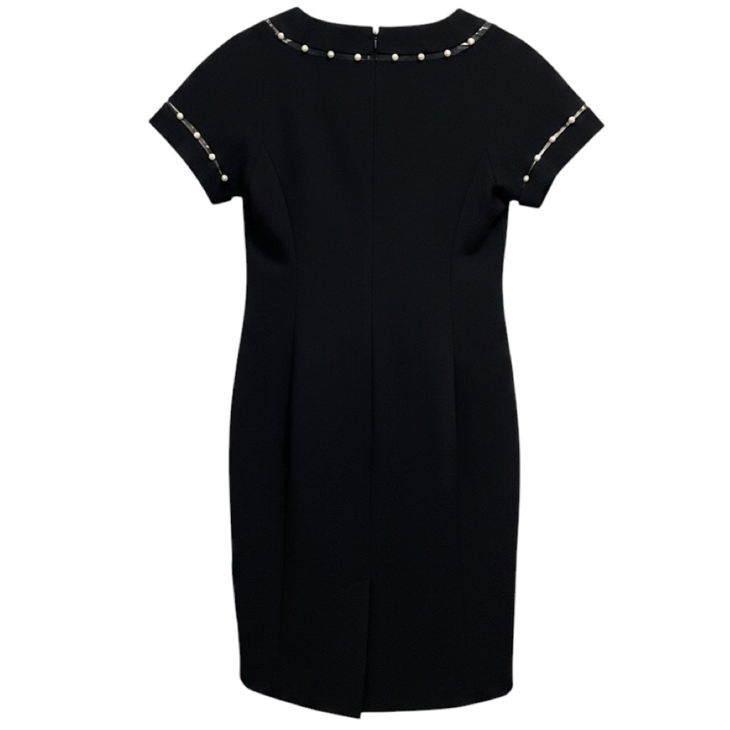 Teri Jon by Rickie Freeman Black Faux Pearl Embellished Short Sleeved Crepe Dress
