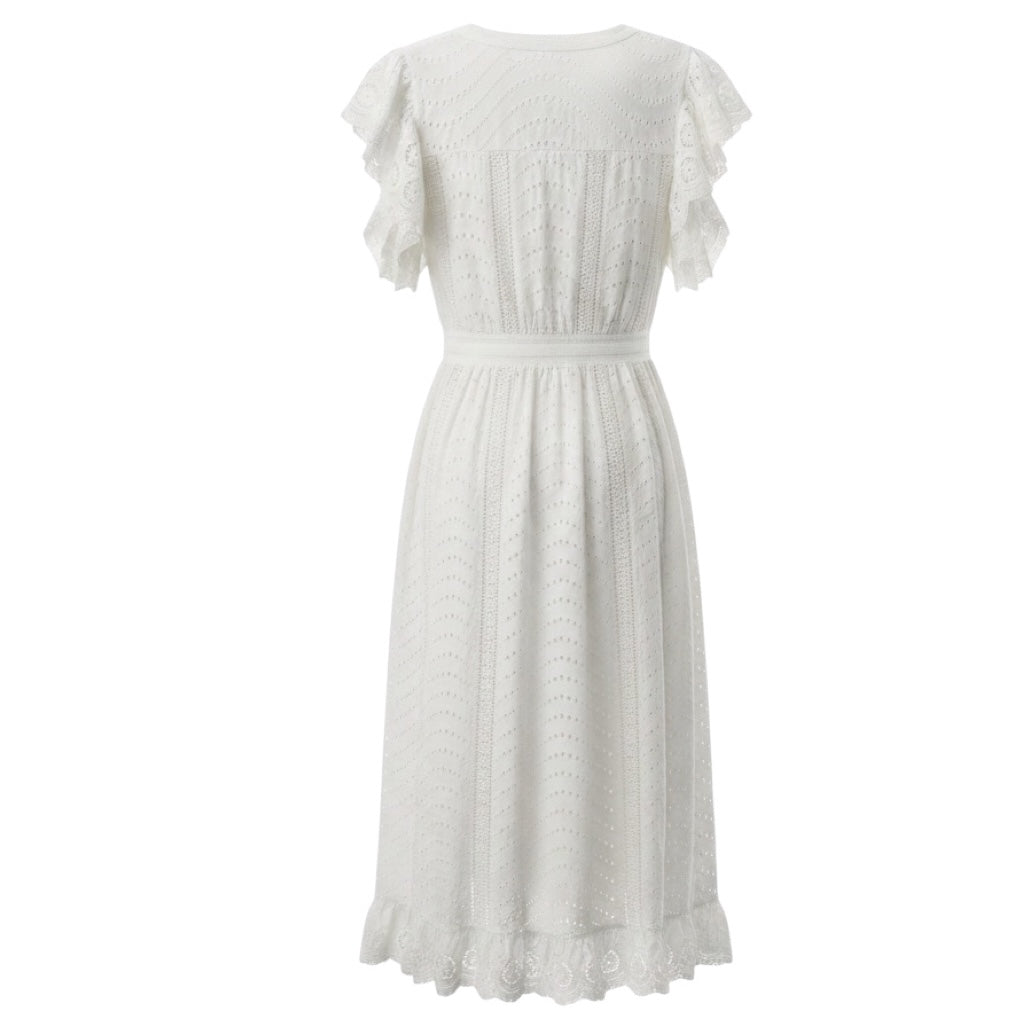 Ulla Johnson Pristine White Olga Flutter Sleeve Eyelet Midi Dress