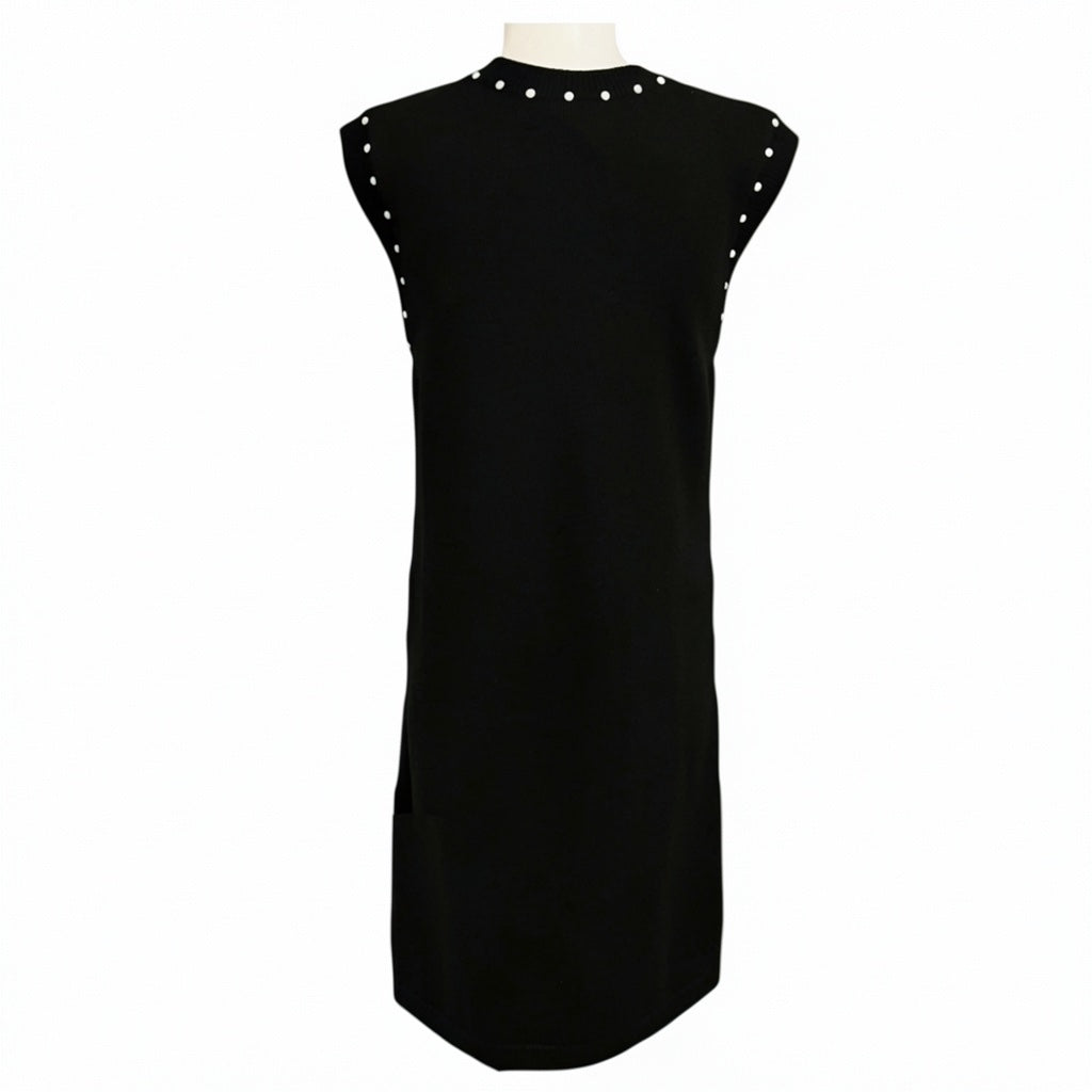 Chanel Black Faux Pearl Embellished Cotton and Cashmere Knit Dress with CC Logo Plate