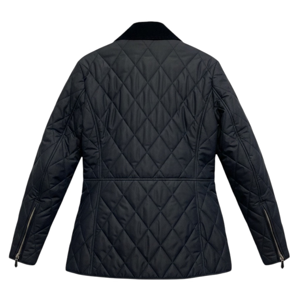 Burberry Navy Blue Quilted Zip Front Nova Check Lined Jacket with Patch Detail and Corduroy Collar