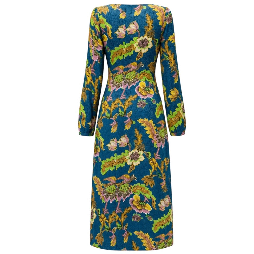 La DoubleJ Blue Petrol Devore Velvet Lark Long Sleeve Swing Dress