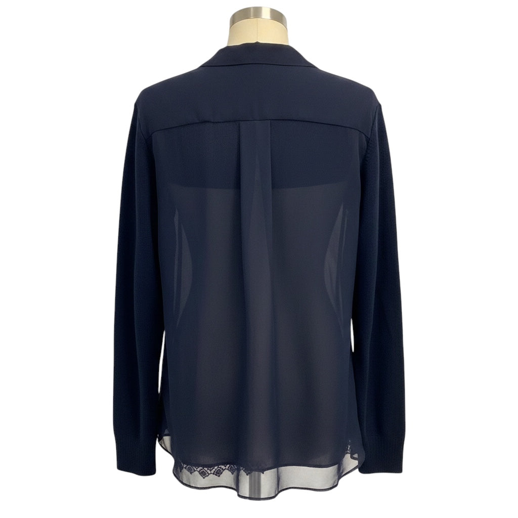 Sacai Navy Blue Wool Knit Pullover Sweater with Sheer Chiffon Back