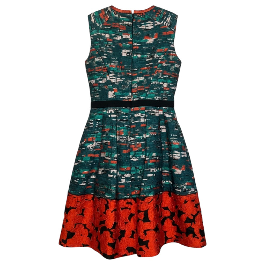 Oscar de la Renta Green / Poppy Red Metallic Jacquard Sleeveless Dress
