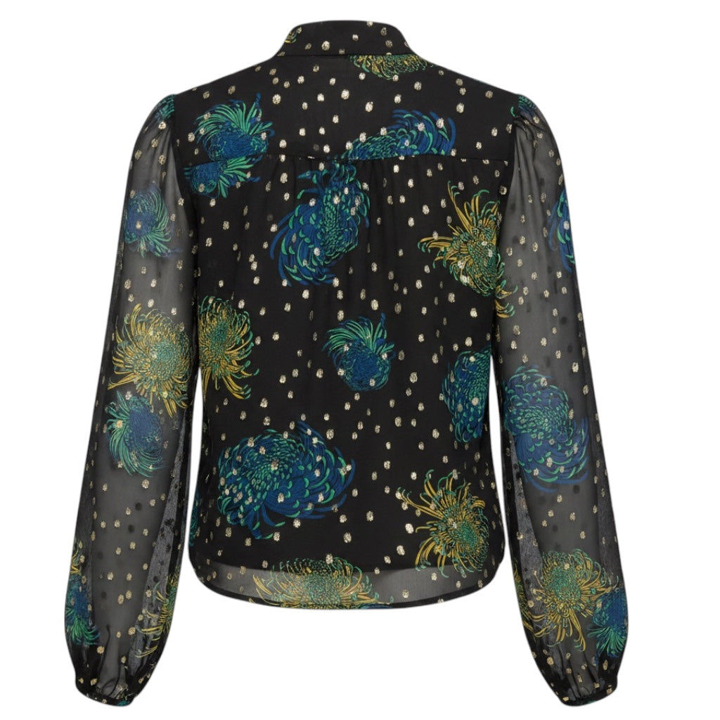 A.L.C. Black / Blue / Green / Yellow Multi Printed Silk Chiffon Blouse with Gold Metallic Lurex Dot Detail