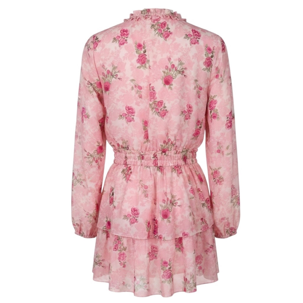 LoveShackFancy Pink Floral Long Sleeved Silk Mini Dress