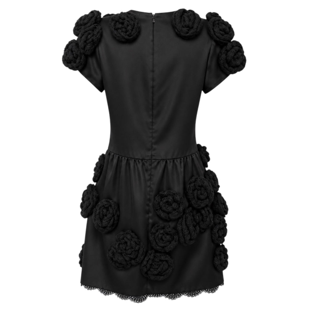 Dolce & Gabbana Black Floral Knit Applique Satin Mini Dress