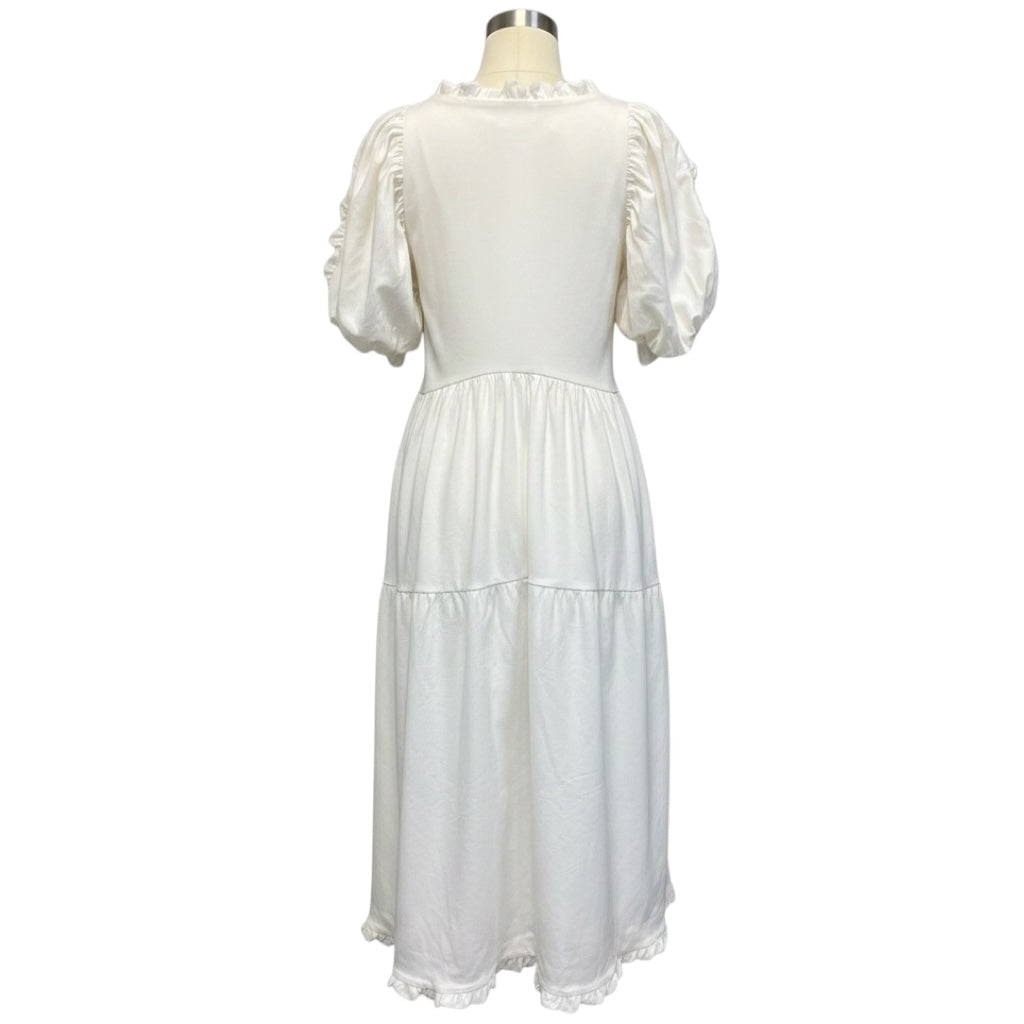 Kika Vargas White Ruffle Trim Cotton Stretch Midi Dress