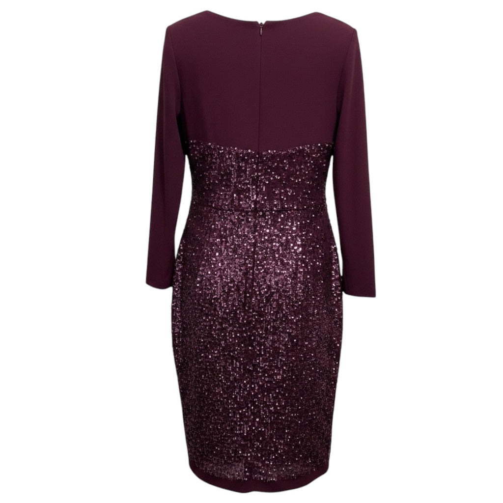 Elie Saab Burgundy Sequined Long Sleeved Crepe Midi Cocktail Dress
