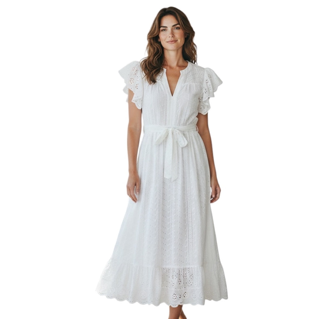 Ulla Johnson Pristine White Olga Flutter Sleeve Eyelet Midi Dress