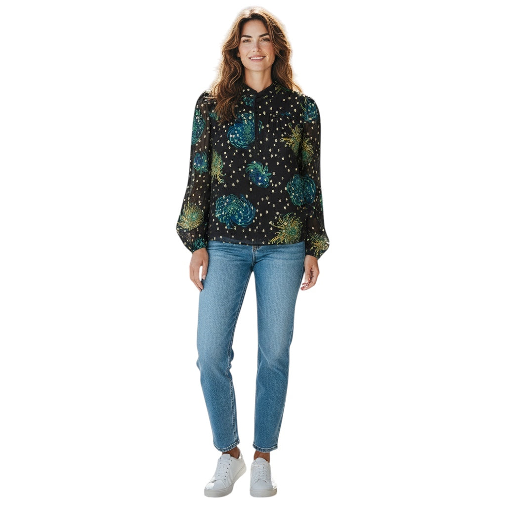A.L.C. Black / Blue / Green / Yellow Multi Printed Silk Chiffon Blouse with Gold Metallic Lurex Dot Detail