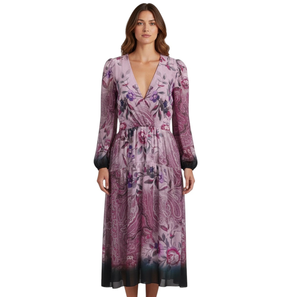 Kobi Halperin Lilac / Pink / Midnight Blue Multi Chloe Floral and Paisley Print Midi Dress
