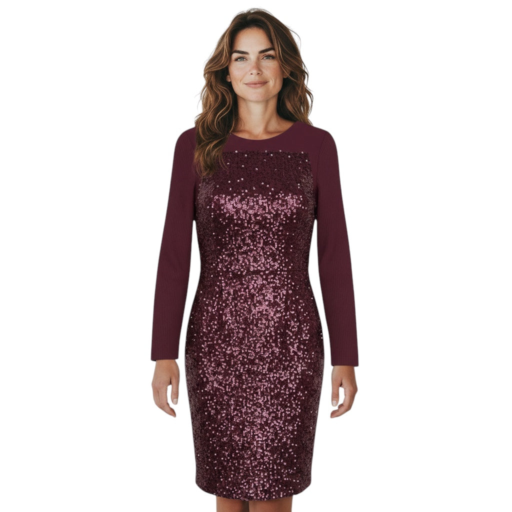 Elie Saab Burgundy Sequined Long Sleeved Crepe Midi Cocktail Dress