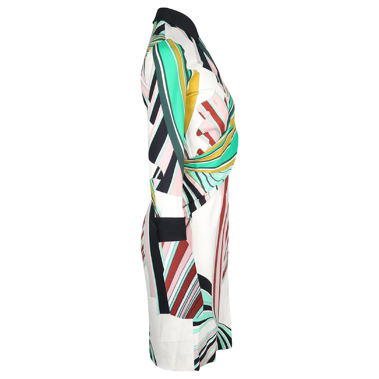 Emilio Pucci White / Green Multi Printed Long Sleeved Viscose Crepe Dress