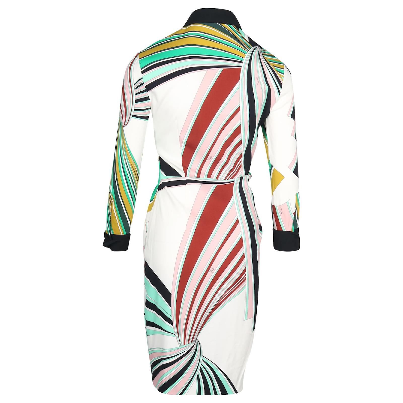 Emilio Pucci White / Green Multi Printed Long Sleeved Viscose Crepe Dress