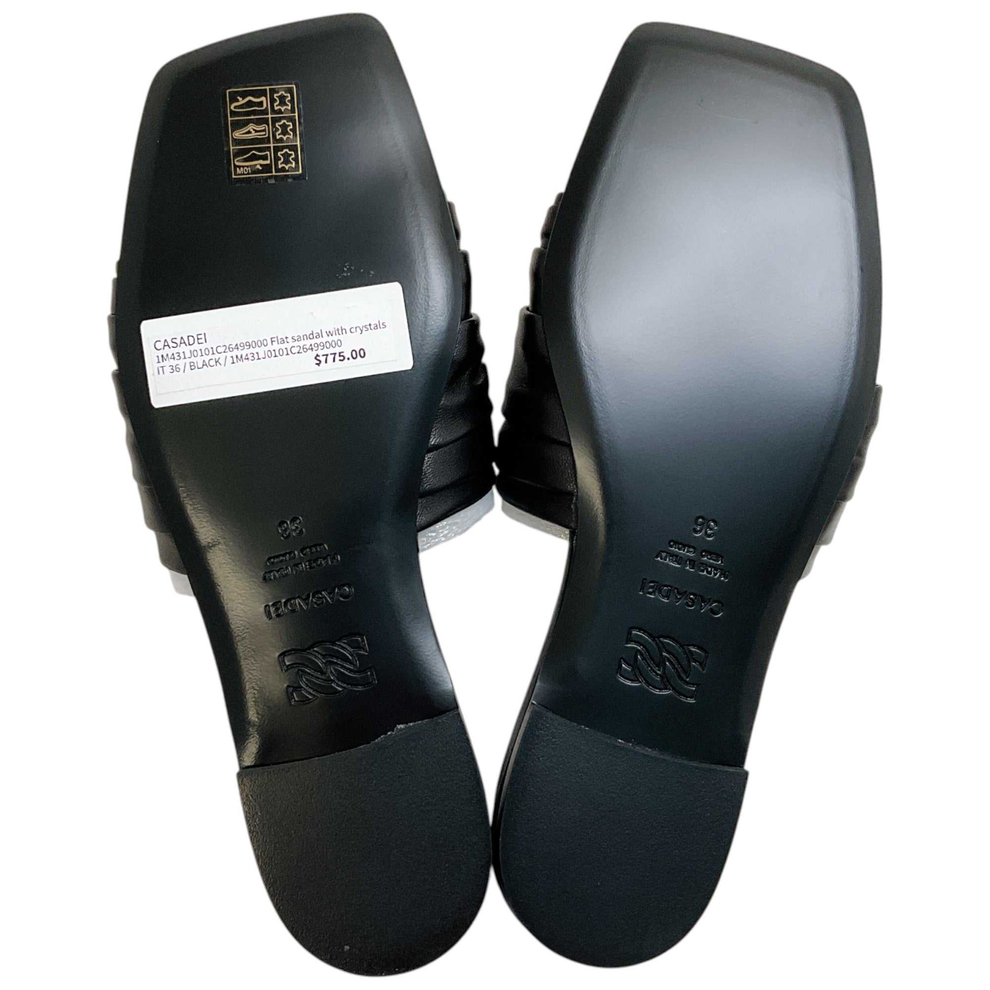 Casadei Black Leather Ruched Flat Slides with Crystals