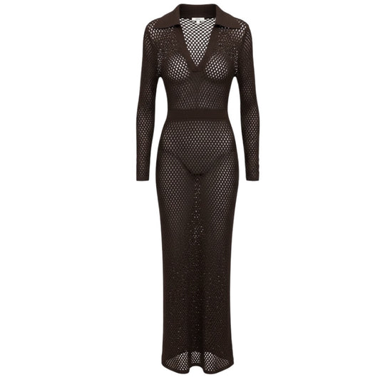 A.L.C. Chocolate Brown Freya Open Stitch Long Sleeve Maxi Dress with Slip