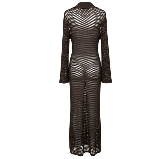 A.L.C. Chocolate Brown Freya Open Stitch Long Sleeve Maxi Dress with Slip