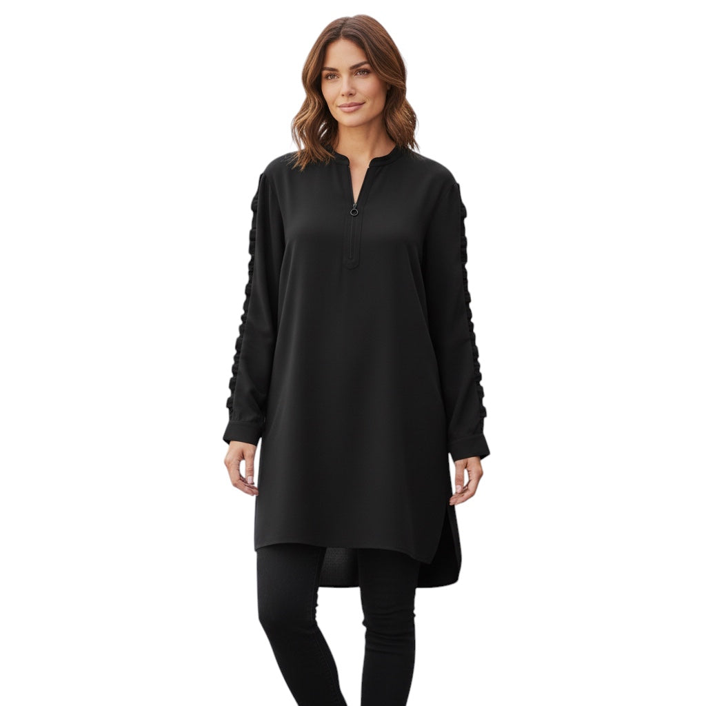 Akris Punto Black Ruffle Sleeve Zip Front Silk Mini Dress