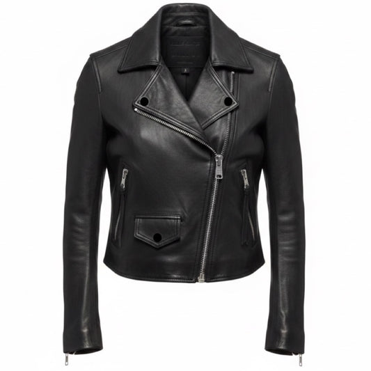 AllSaints Black Elora Cropped Lamb Leather Biker Jacket