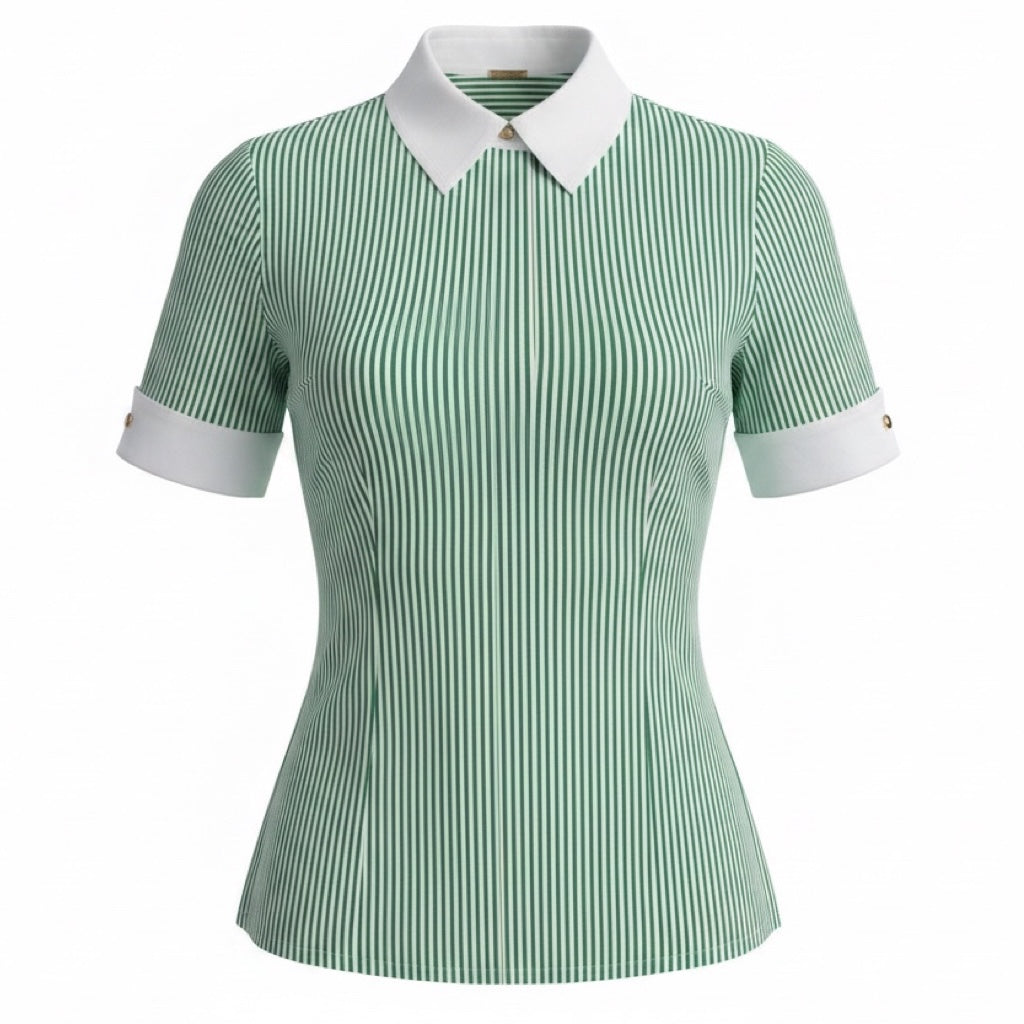 Adam Lippes Green / White Striped Short Sleeved Button Front Blouse