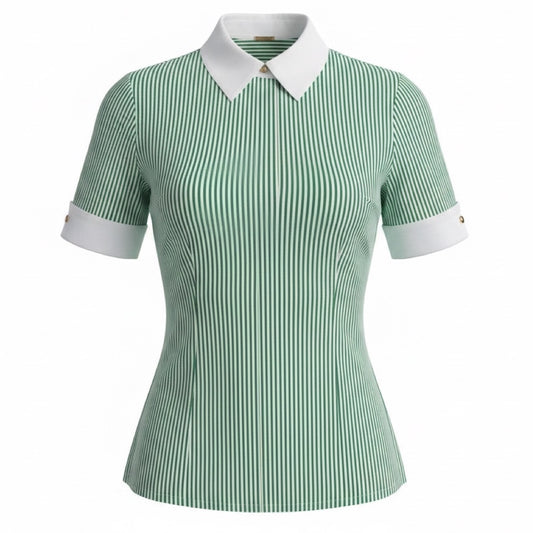 Adam Lippes Green / White Striped Short Sleeved Button Front Blouse