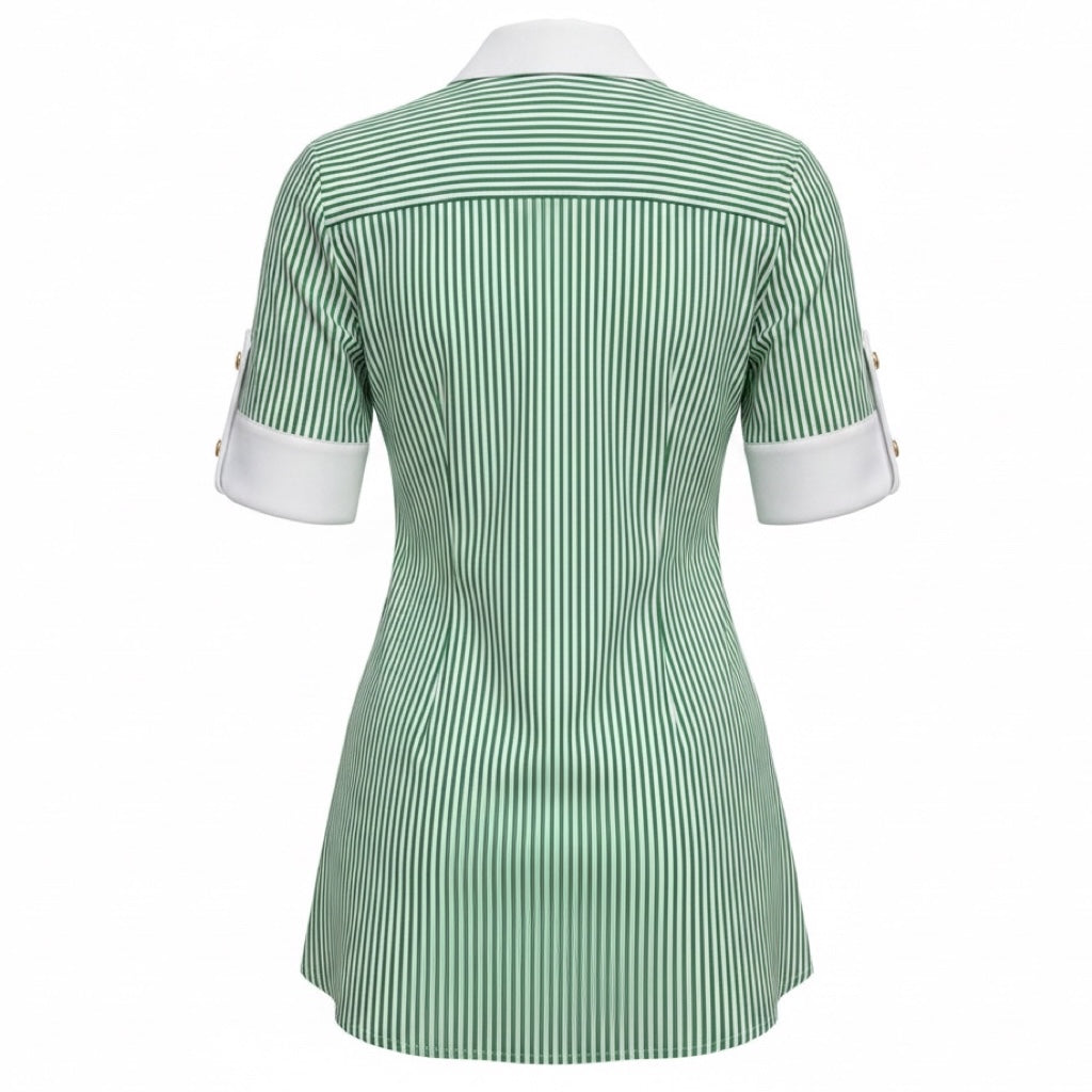 Adam Lippes Green / White Striped Short Sleeved Button Front Blouse