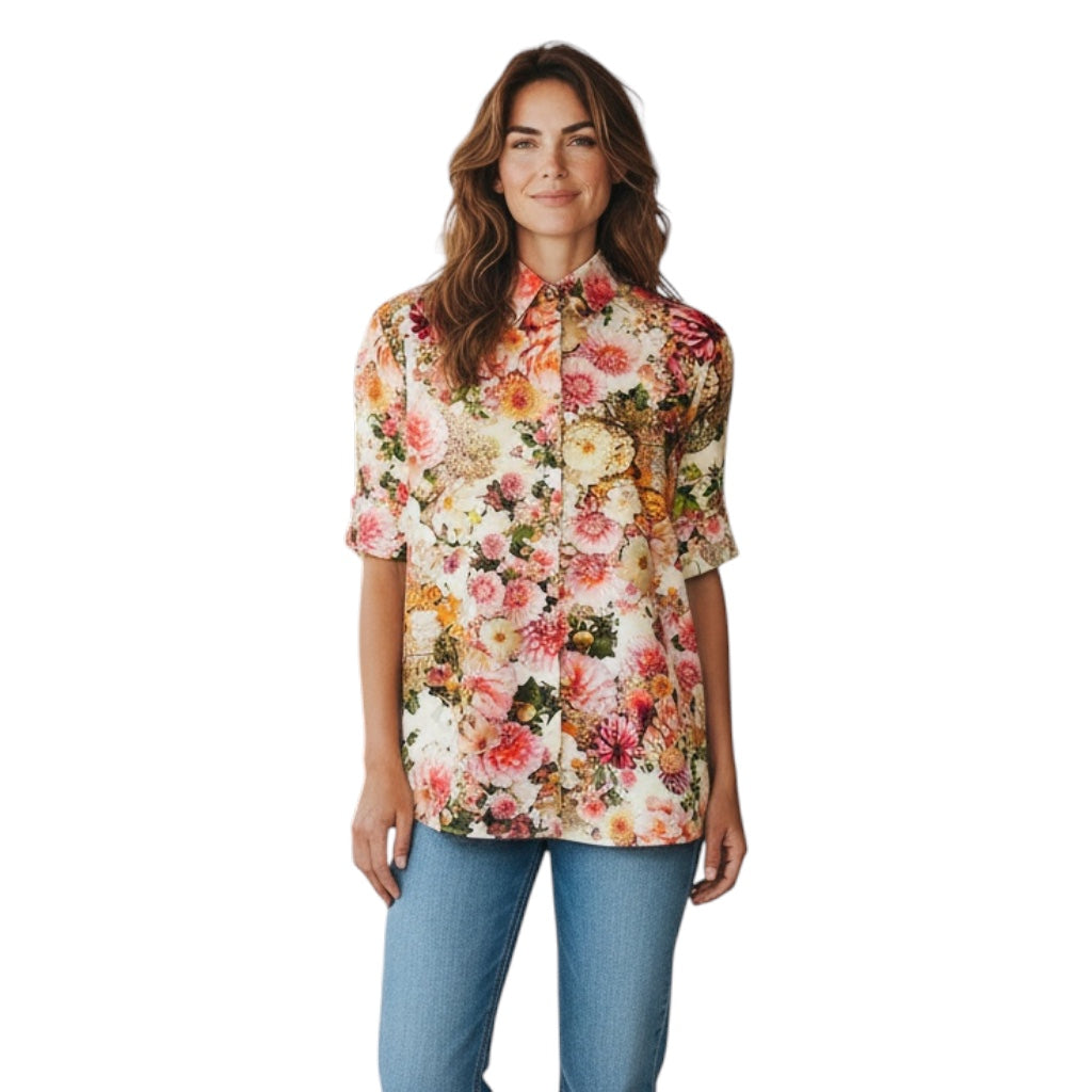 Adam Lippes Cream Multi Floral Printed Short Sleeved Cotton Top